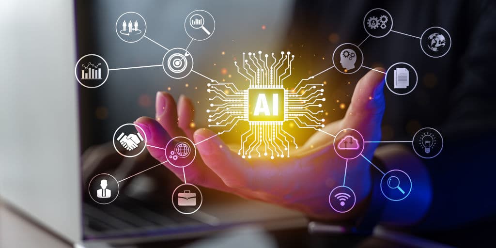 Businessman touching the brain working of Artificial Intelligence (AI) in the futuristic business and coding software development on interface and synchronize network connection, IoT, innovative.